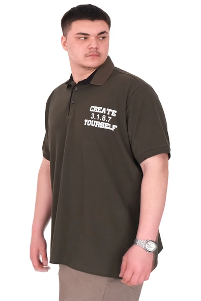Mode XL Büyük Beden Erkek T-Shirt Polo Yaka YOURSELF U25310 Haki - Resim 4