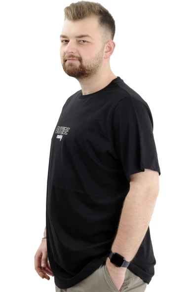 Mode XL Battal Beden Erkek Tişört Bisiklet Yaka Baskılı OUT SIDE U24041 Siyah - Resim 2