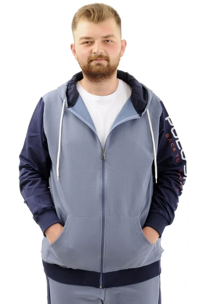 Mode XL Büyük Beden Erkek Eşofman Üstü Fermuarlı Kapüşonlu SPORT U24523 Mavi