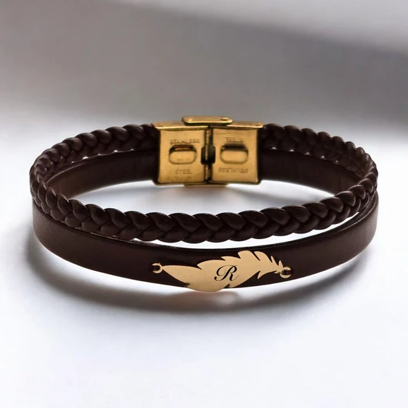14 Ayar Altın Plakalı Harfe Özel Yaprak Motifli Hakiki Kahverengi Derili Hediye Bileklik-680 ürün görseli