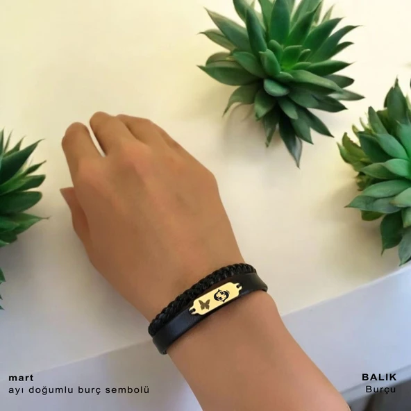 14 Ayar Altın Plakalı Burca Özel Kelebek Motifli Hakiki Siyah Derili Hediye Bileklik-678 - Resim 2