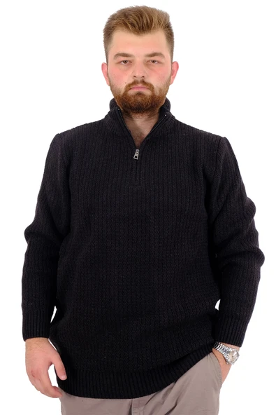 Mode XL Büyük Beden Erkek Triko Kazak Yarım Fermuarlı Dik Yaka 24209 Siyah