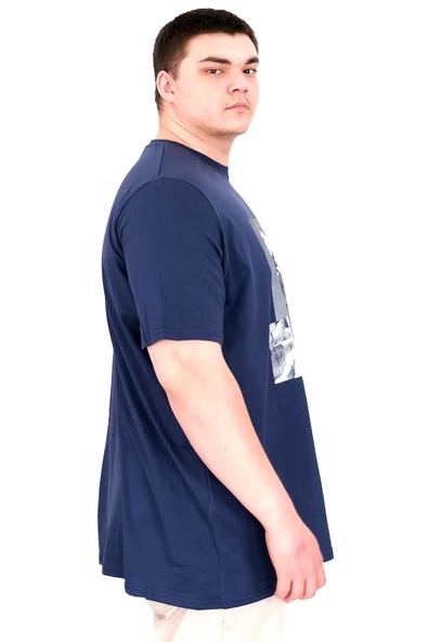 Mode XL Büyük Beden Erkek T-Shirt Bisiklet Yaka STATUE U25027 İndigo - Resim 3