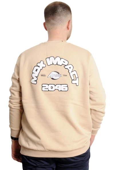 Mode XL Büyük Beden Erkek Sweathirt Bisiklet Yaka Nakışlı Sweat 23525 Bej - Resim 4