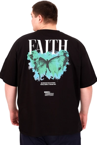 Mode XL Büyük Beden Erkek T-Shirt Bisiklet Yaka FAITH U25030 Siyah - Resim 2