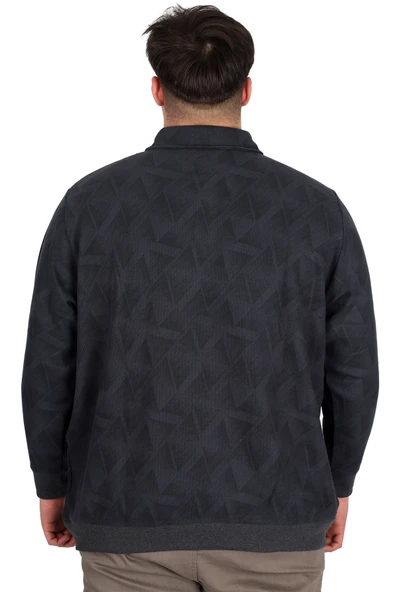 Mode XL Büyük Beden Erkek Polo Yaka Sweatshirt Baskılı Selanik U24440 Füme - Resim 4