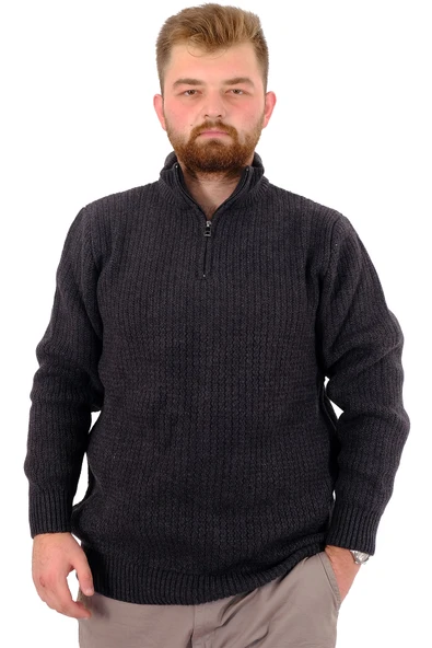Mode XL Büyük Beden Erkek Triko Kazak Yarım Fermuarlı Dik Yaka 24209 Antrasit