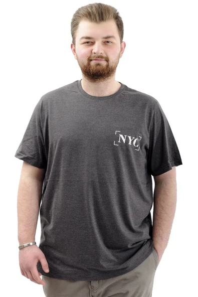 Mode XL Büyük Beden Erkek Tişört Baskılı Pamuklu Bisiklet Yaka T-Shirt NYC U24068 Antramelanj ürün görseli