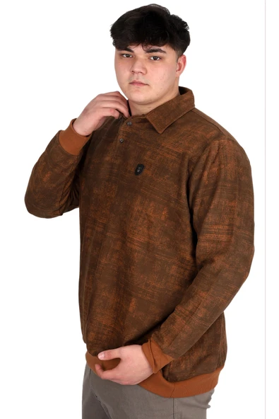 Mode XL Büyük Beden Erkek Polo Yaka Sweatshirt Baskılı Selanik U24440 Hardal