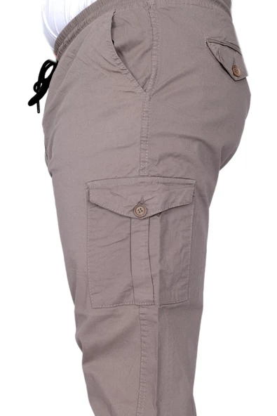 Mode XL Büyük Beden Erkek Pantolon Keten Kargo Jogger 21911 Taş Rengi - 4