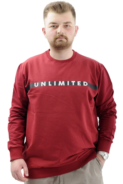 Mode XL Büyük Beden Erkek Sweathirt Baskılı Bisiklet Yaka UNLIMITED U24171 Bordo