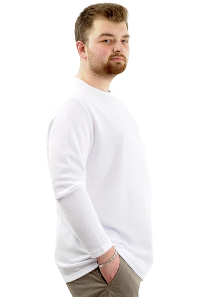 Mode XL Büyük Beden Erkek Sweatshirt Bisiklet Yaka Uzun Kol WAFFLE 23460 Beyaz - Resim 3