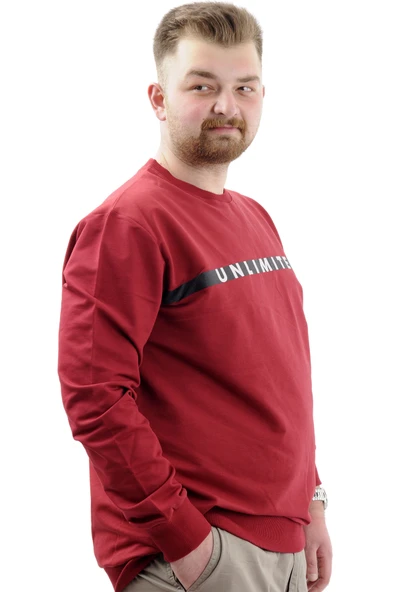 Mode XL Büyük Beden Erkek Sweathirt Baskılı Bisiklet Yaka UNLIMITED U24171 Bordo - 3