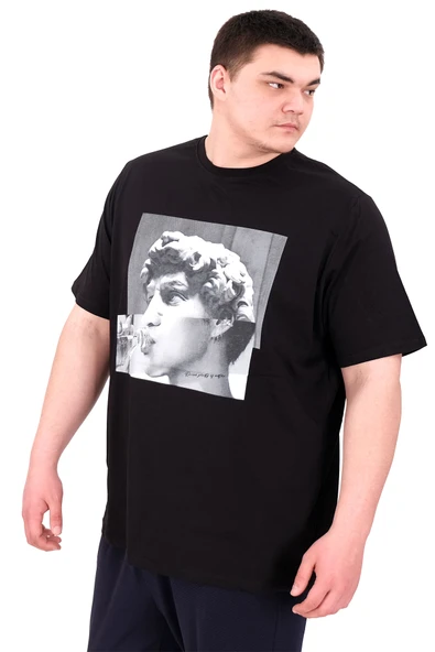 Mode XL Büyük Beden Erkek T-Shirt Bisiklet Yaka STATUE U25027 Siyah - Resim 5