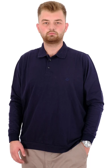 Mode XL Büyük Beden Erkek Polo Yaka Sweatshirt Nakışlı U24340 Lacivert