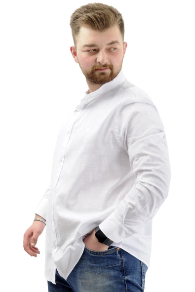 Mode XL Büyük Beden Erkek Gömlek Uzun Kol Likralı Keten Gömlek U20385 Beyaz - 2