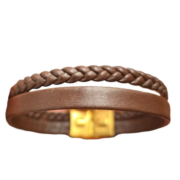 14 Ayar Altın Plakalı İsme Özel Koyu Kahverengi Derili Taç Figürlü Hediye Bileklik-679 - Resim 4