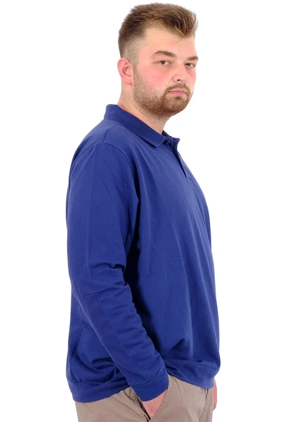 Mode XL Büyük Beden Erkek Polo Yaka Sweatshirt Nakışlı U24340 İndigo - Resim 3