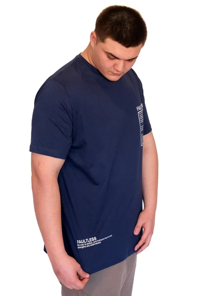 Mode XL Büyük Beden Erkek T-Shirt Bisiklet Yaka FAULTLESS Basklılı U25011 Indigo - Resim 2