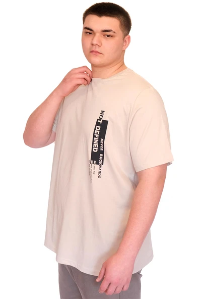 Mode XL Büyük Beden Erkek T-Shirt Bisiklet Yaka NOT DEFINETS Baskılı U25009 Bej - Resim 4