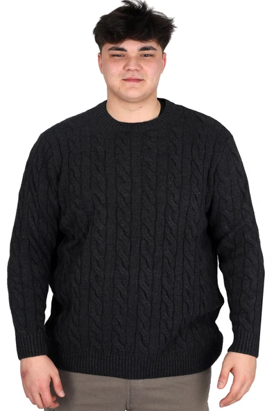 Mode XL Büyük Beden Erkek Kazak Bisiklet Yaka BRAIDED 24211 Antrasit