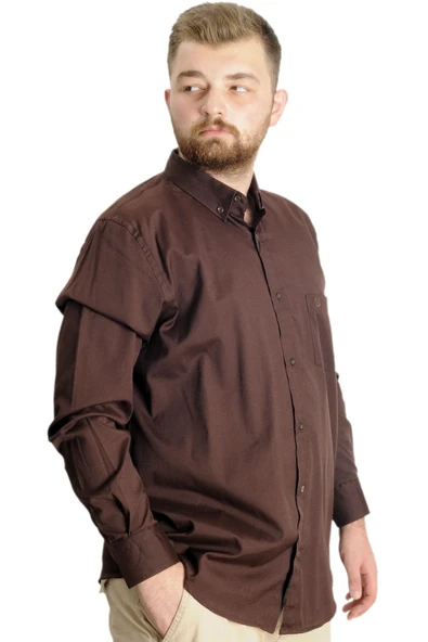 Mode XL Büyük Beden Erkek Gömlek U.Kol Cepli Oxford 20366 Kahverengi - 3