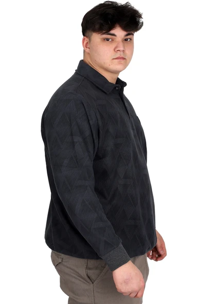 Mode XL Büyük Beden Erkek Polo Yaka Sweatshirt Baskılı Selanik U24440 Füme - Resim 3