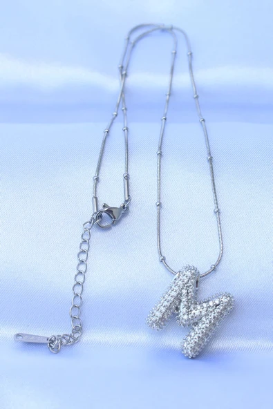 pilelistore 316L Çelik Zincirli Zirkon Taşlı M Harfli Gümüş Renk Bubble Kolye - TJ-BKO8727 - 2
