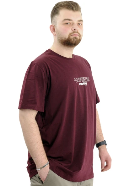 Mode XL Battal Beden Erkek Tişört Bisiklet Yaka Baskılı OUT SIDE U24041 Mürdüm - Resim 3