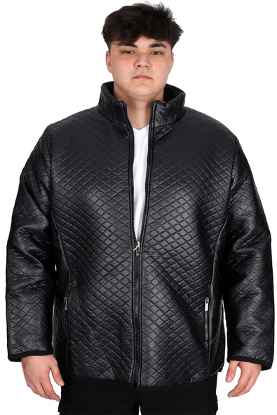 Mode XL Büyük Beden Erkek Dik Yaka Kapitone Mont U24614 Siyah Deri