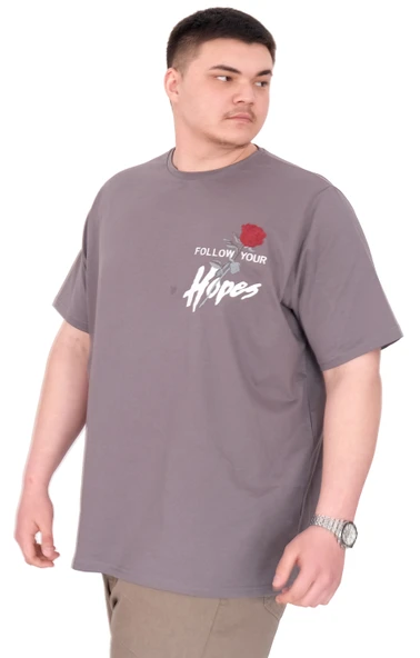 Mode XL Büyük Beden Erkek T-Shirt Bisiklet Yaka ROSE U25032 Füme - Resim 4