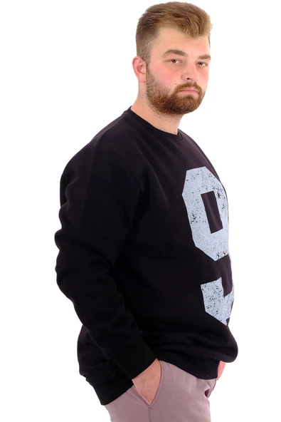 Mode XL Büyük Beden Erkek Sweatshirt 3 İplik Şardonlu Baskılı NINE U24528 Siyah - Resim 3