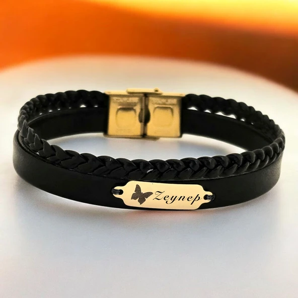 14 Ayar Altın Plakalı İsme Özel Hakiki Siyah Derili Kelebek Motifli Hediye Bileklik-678 ürün görseli