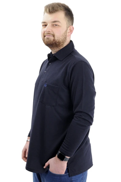 Mode XL Büyük Beden Erkek Sweatshirt Polo Yaka Uzun Kol WAFFLE 23449 Lacivert - Resim 2