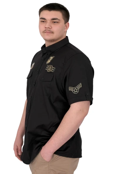 Mode XL Büyük Beden Erkek Gömlek Çift Cep Kapaklı Gabardin U25601 Siyah - Resim 2