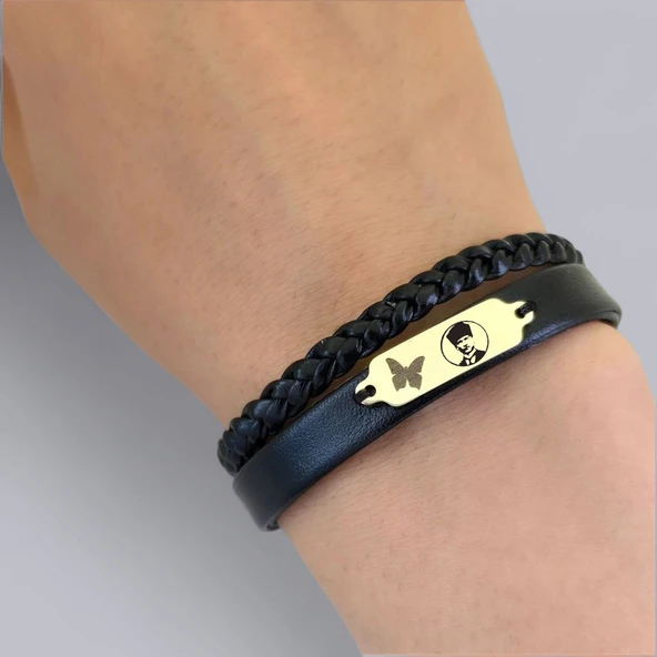 14 Ayar Altın Plakalı Sembole Özel Hakiki Siyah Derili Kelebek Motifli Hediye Bileklik-678 - Resim 3