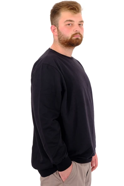 Mode XL Büyük Beden Erkek Basic Sweatshirt Bisiklet Yaka Recycle B24529 Siyah - Resim 3