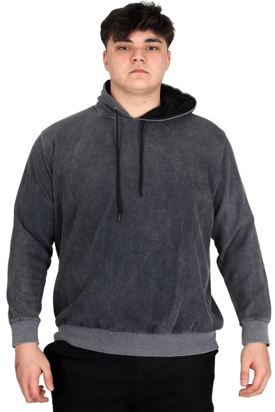 Mode XL Büyük Beden Erkek Kapüşonlu Sweatshirt Asit Yıkama Interlok U24167 Beyaz ürün görseli 1