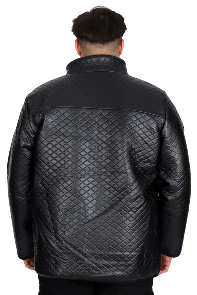 Mode XL Büyük Beden Erkek Dik Yaka Kapitone Mont U24614 Siyah Deri - 3