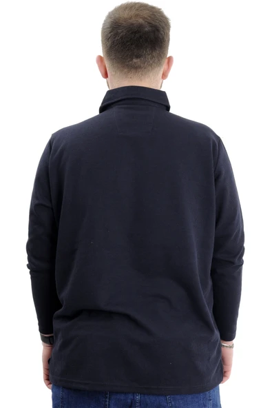 Mode XL Büyük Beden Erkek Sweatshirt Polo Yaka Uzun Kol WAFFLE 23449 Lacivert - Resim 4