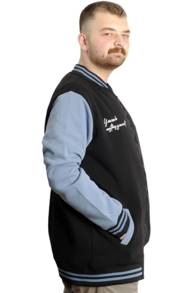 Mode XL Büyük Beden Erkek Kolej Mont Fermuarlı Nakışlı Ceket 23633 Siyah-İndigo - 3