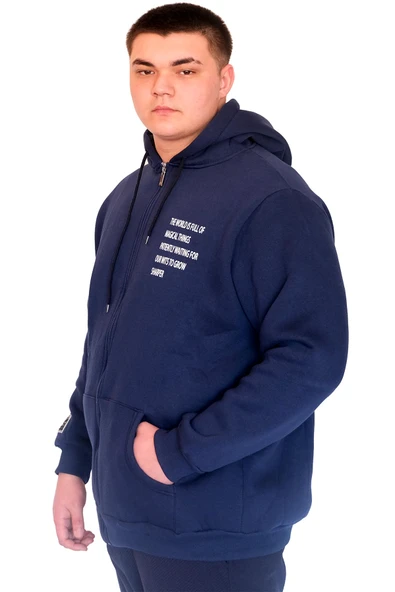 Mode XL Büyük Beden Erkek Kapüşonlu Sweatshirt Fermuarlı 3 İp BRONX U24560 İndigo - Resim 3