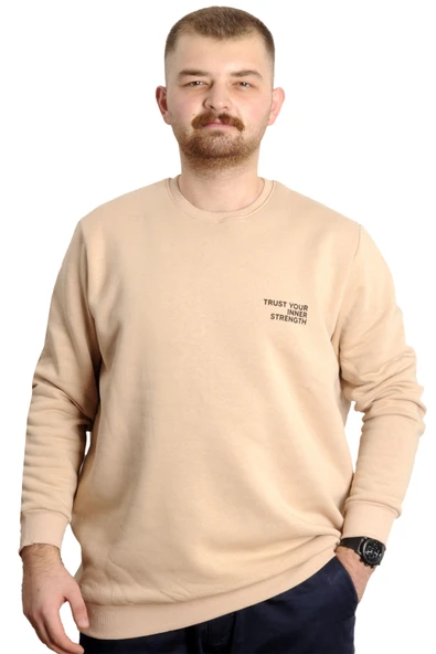 Mode XL Büyük Beden Erkek Sweathirt Bisiklet Yaka Nakışlı Sweat 23525 Bej ürün görseli