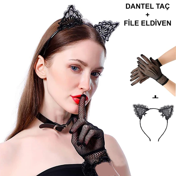 Siyah Kedi Dantel Taç + Eldiven Seti – Parti, Dans ve Kostüm Kombini - Resim 3