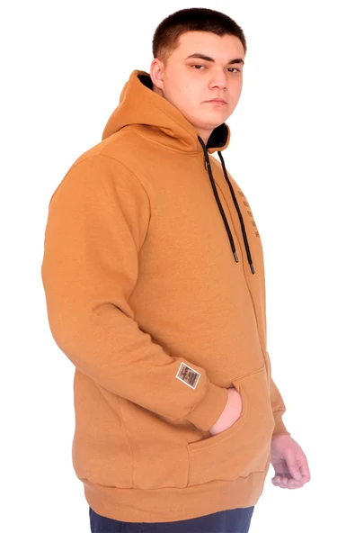 Mode XL Büyük Beden Erkek Kapüşonlu Sweatshirt Fermuarlı 3 İp BRONX U24560 Camel - 2