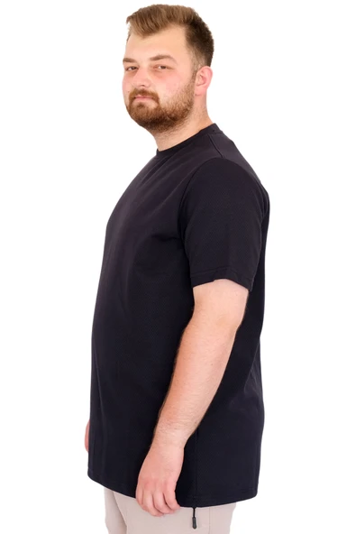 Mode XL Büyük Beden Erkek T-Shirt Bisiklet Yaka Dore U25034 Lacivert - Resim 2