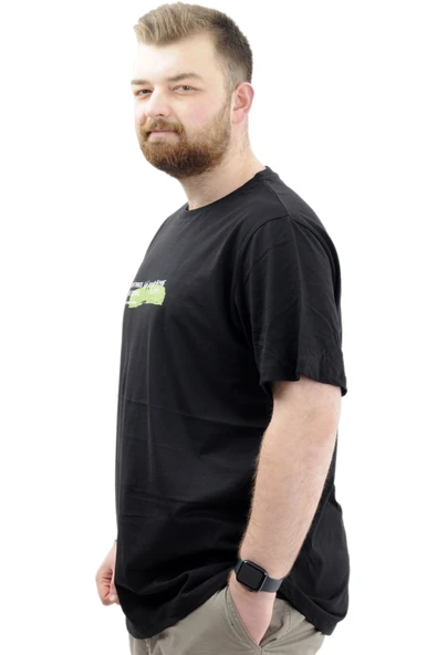 Mode XL Battal Beden Baskılı Erkek T-Shirt Bisiklet Yaka U24047 Siyah - Resim 2