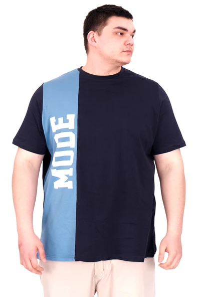 Mode XL Büyük Beden Erkek T-Shirt Parçalı U25501 Lacivert - Resim 4