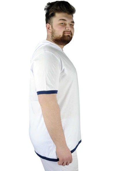 Mode XL Büyük Beden Erkek T-Shirt Kapüşon Yaka 22136 Beyaz - Resim 2