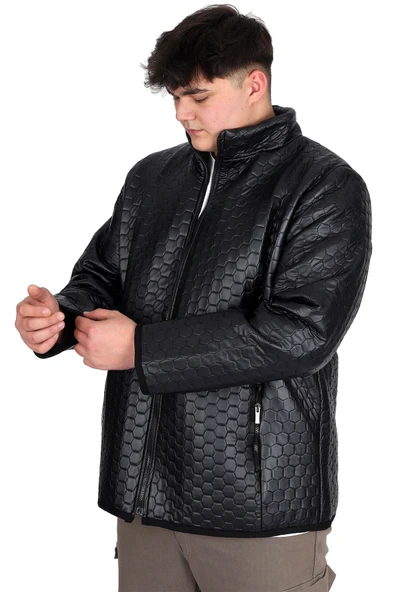 Mode XL Büyük Beden Erkek Dik Yaka Kapitone Mont U24614 Lacivert - Resim 4